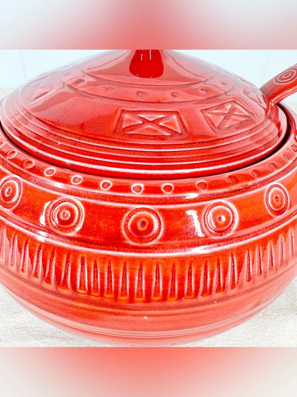 Vintage California Pottery Soup Ceramic Tureen with Ladle B655 Red Orange